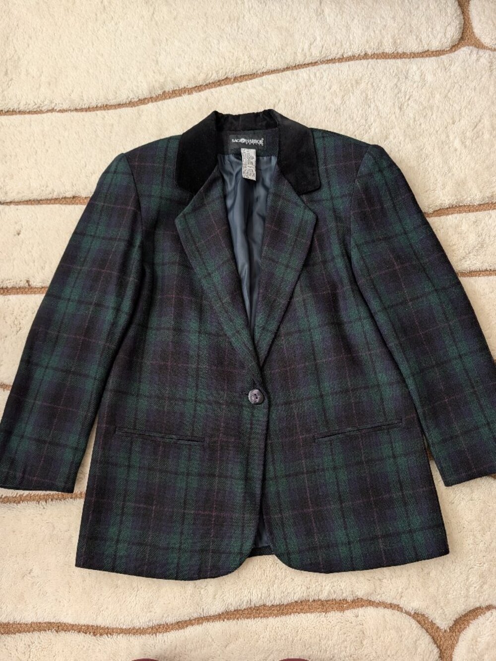 Vintage Sag Harbor Plaid Wool Blazer Women's‎ 10 Velvet black collar